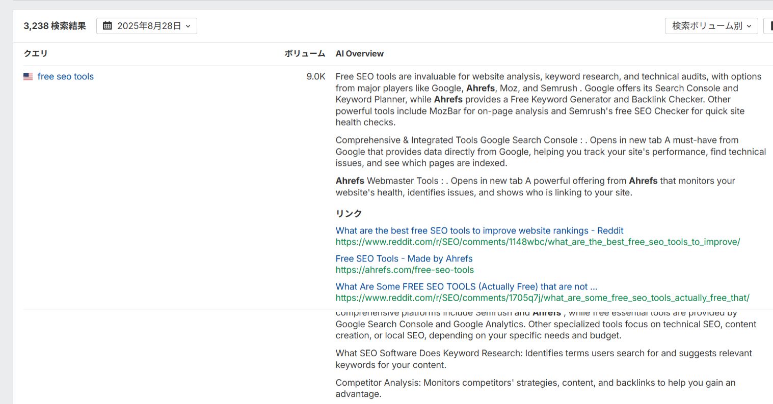 Ahrefs のブランドレーダー内、AI の応答レポートに表示されたブランド言及の例。