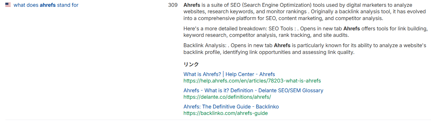 「Ahrefs とはどういう意味?」というクエリに対して生成された AI Overviews の例。