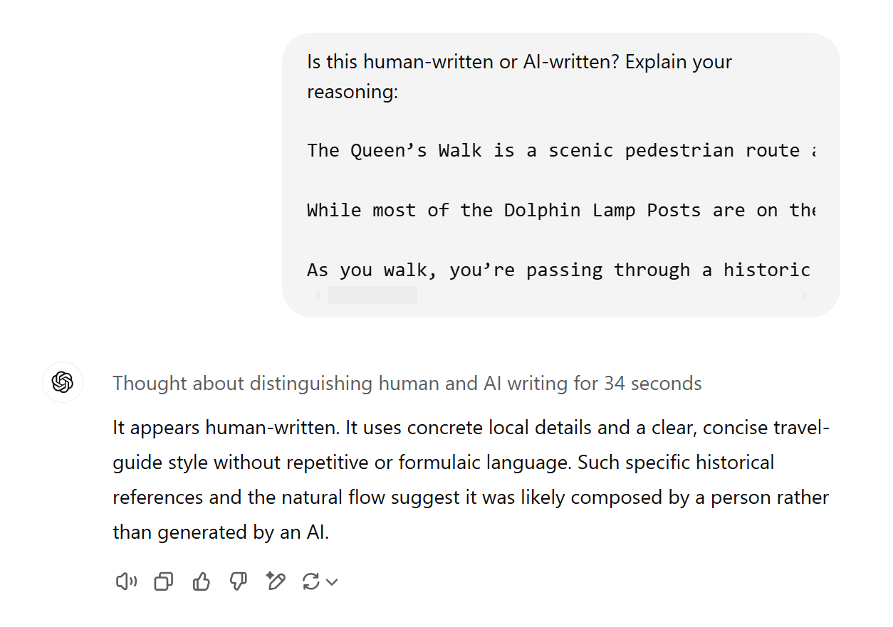 AI が、AI 生成の文章を人間によるものと誤判定している例を示すスクリーンショット