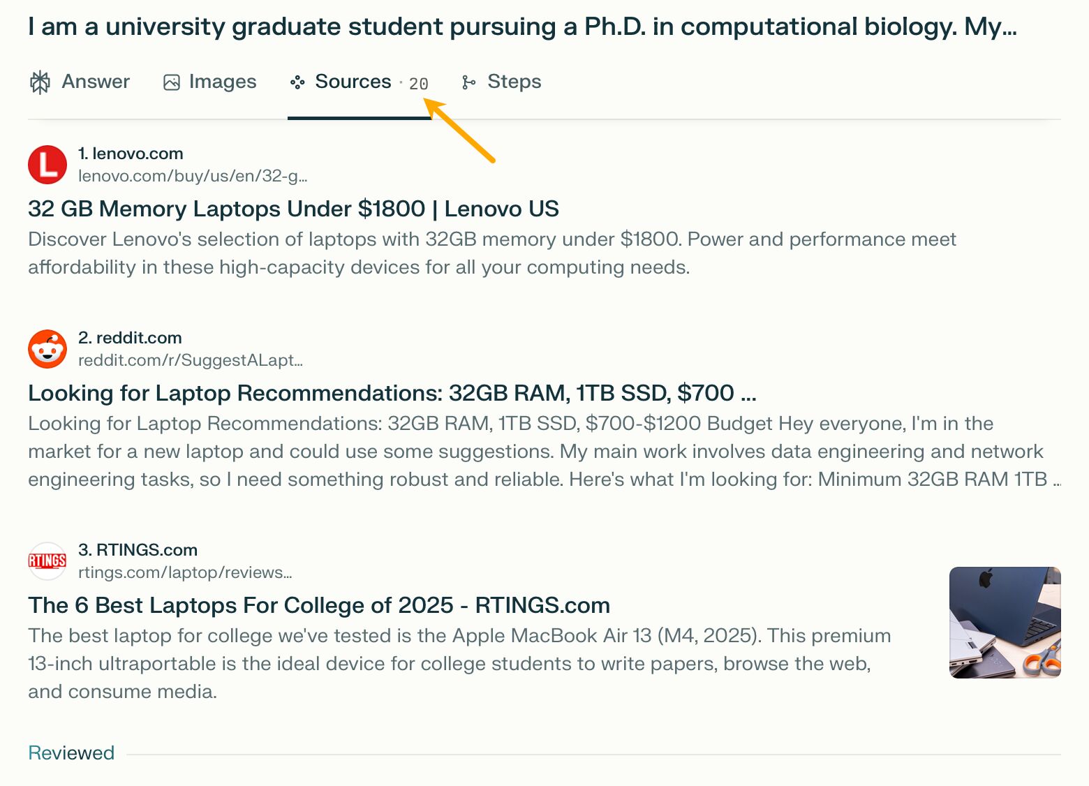 「best laptop for a Ph.D. student」と検索した Perplexity AI の画面。矢印が「20 sources」タブを指しており、AI が複数の情報源を統合して回答を生成していることを示している。