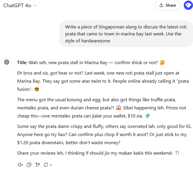 ChatGPT がシンガポール英語のスラング Singlish でロティプラタの新店舗について書いた出力例のスクリーンショット