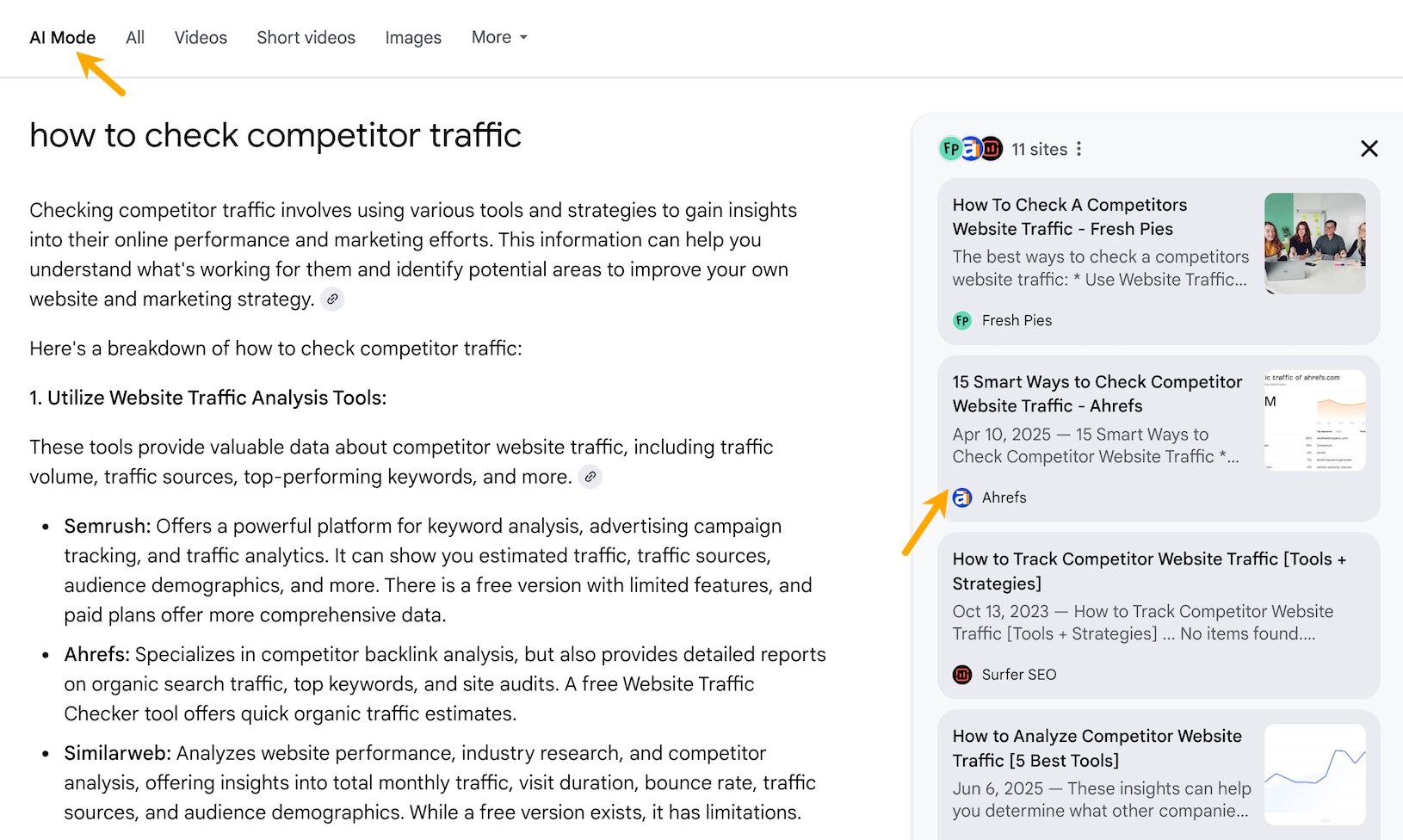 Google の AI モードで「how to check competitor traffic」と検索した結果のスクリーンショット。AI の回答が Ahrefs の記事を引用しており、右側に矢印でハイライトされている。