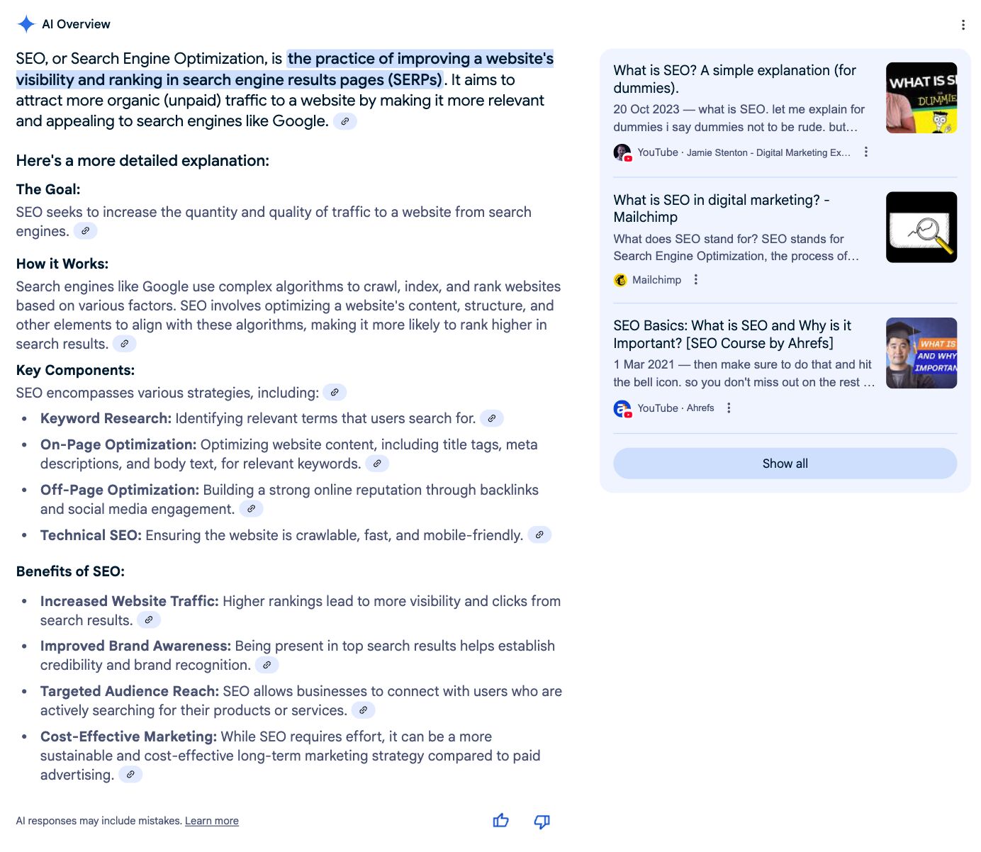 Google の AI Overviews が検索結果で SEO の説明を表示しているスクリーンショット