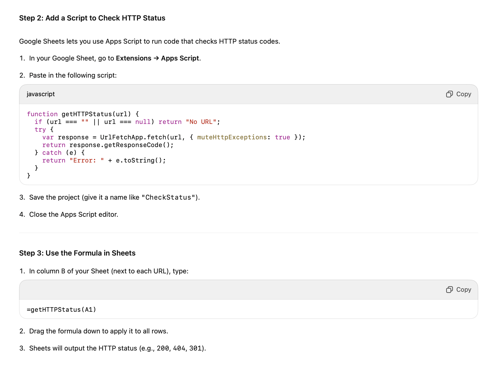 Google スプレッドシートで URL の http ステータスを取得する Apps Script のコード例を示すスクリーンショット