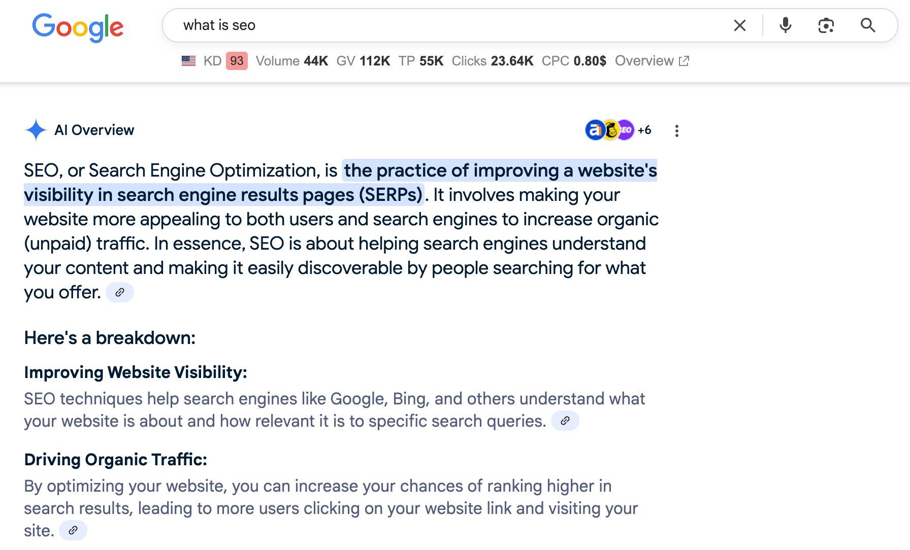 Google 検索で「what is seo」と検索した結果のスクリーンショット。最上部に AI Overviews が表示され、SEO の定義が AI によって提示されており、情報の出典がハイライトされている。