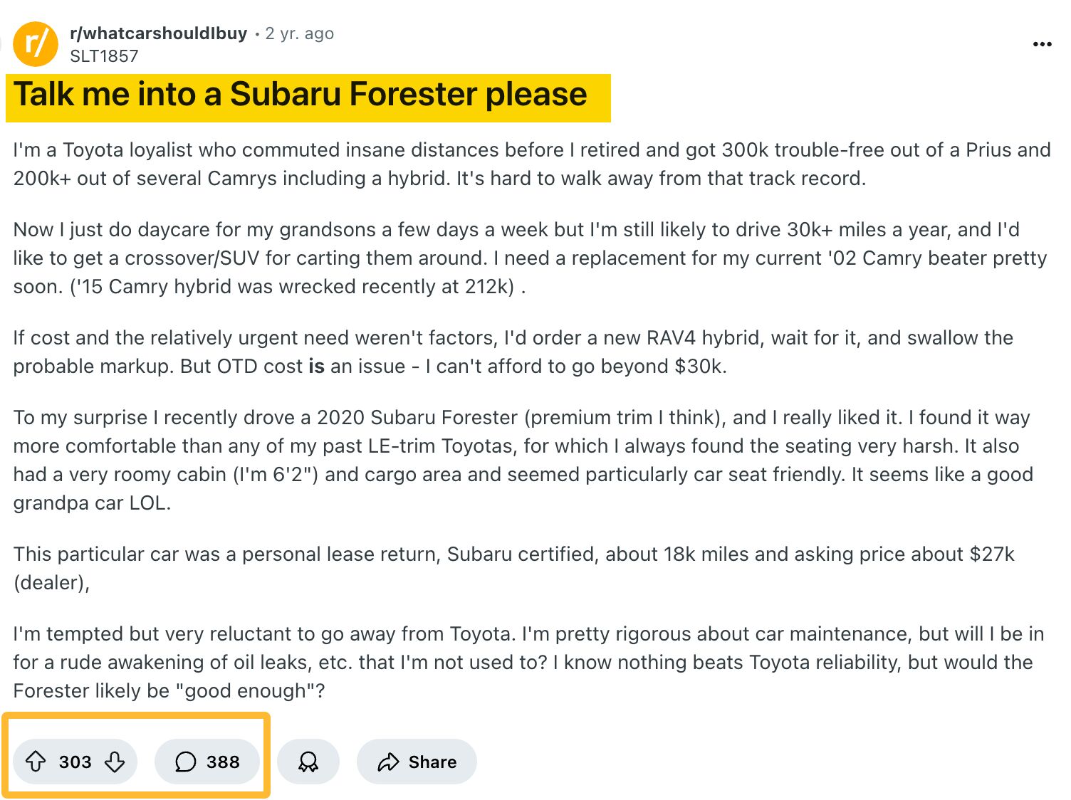 「r/whatcarshouldIbuy」サブレディットの人気投稿「Talk me into a Subaru Forester please」のスクリーンショット。303 のアップボートと 388 件のコメントが表示され、高いエンゲージメントが示されている。