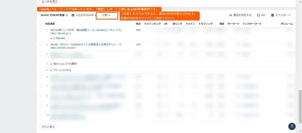 キーワードの過去と現在のSERPを比較