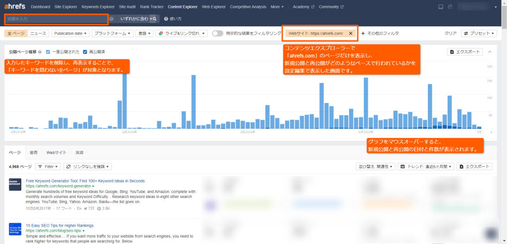 特定のWebサイトの新記事と再公開(リライト含む)の動向確認