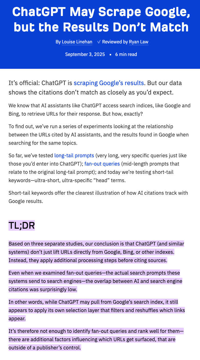 コンテンツの冒頭に TL;DR（要約）セクションを設けた Ahrefs のブログの例