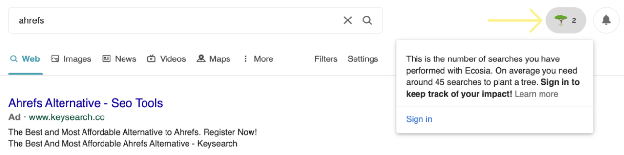 Ecosiaの検索回数表示、環境への影響を把握する画面