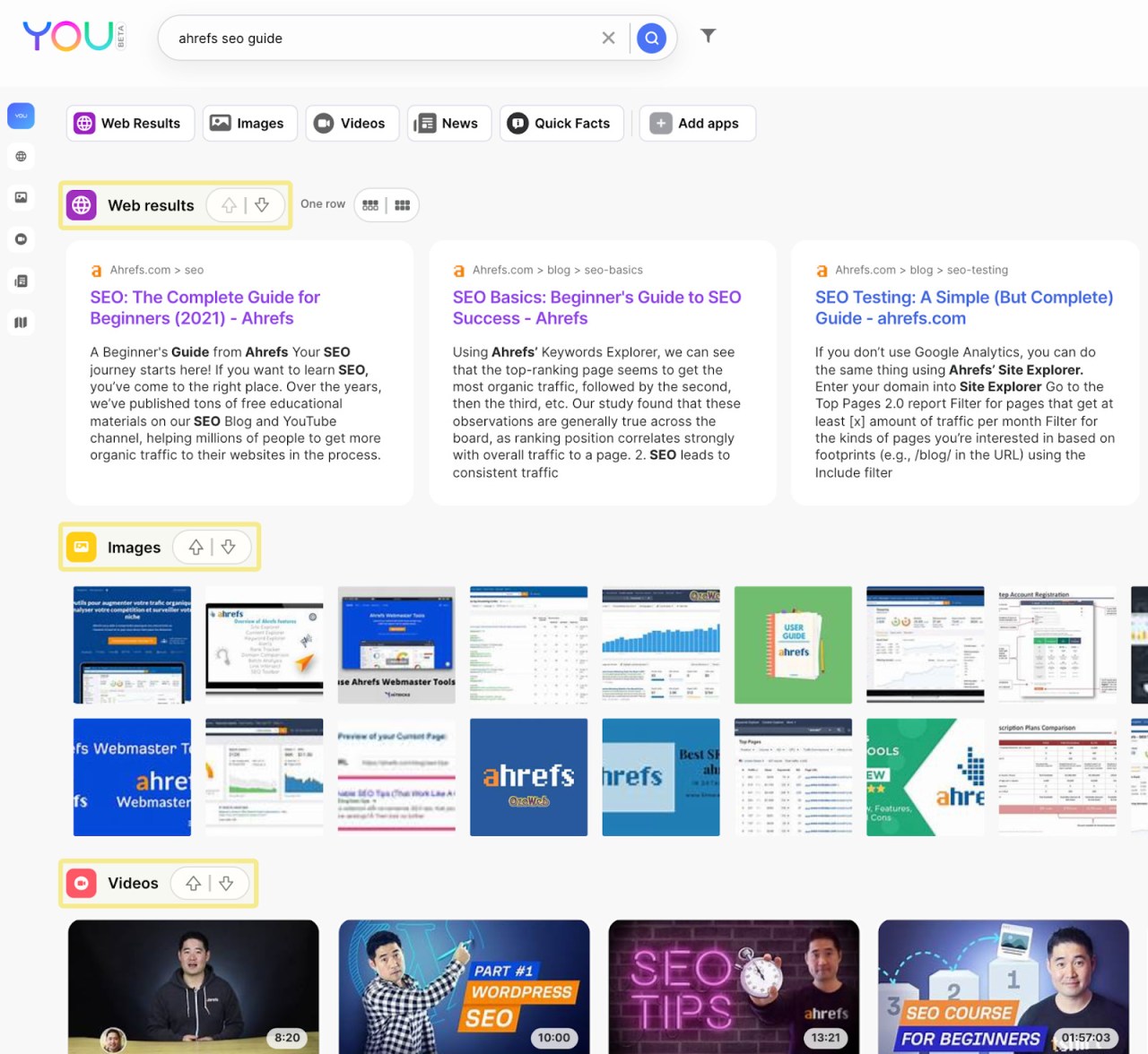 You.comの複数セクション表示を示す検索結果画面