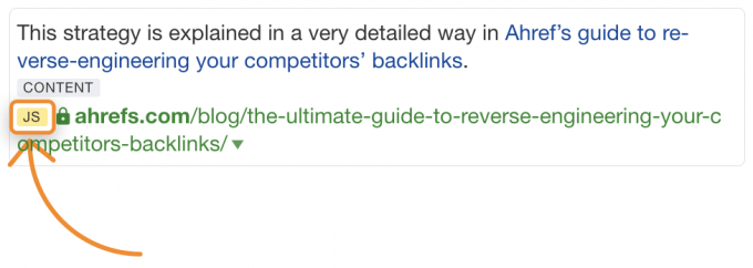 Ahrefs Site Explorer でJavaScriptが挿入されているリンクをリンクレポートにJSタグとして表示する画面