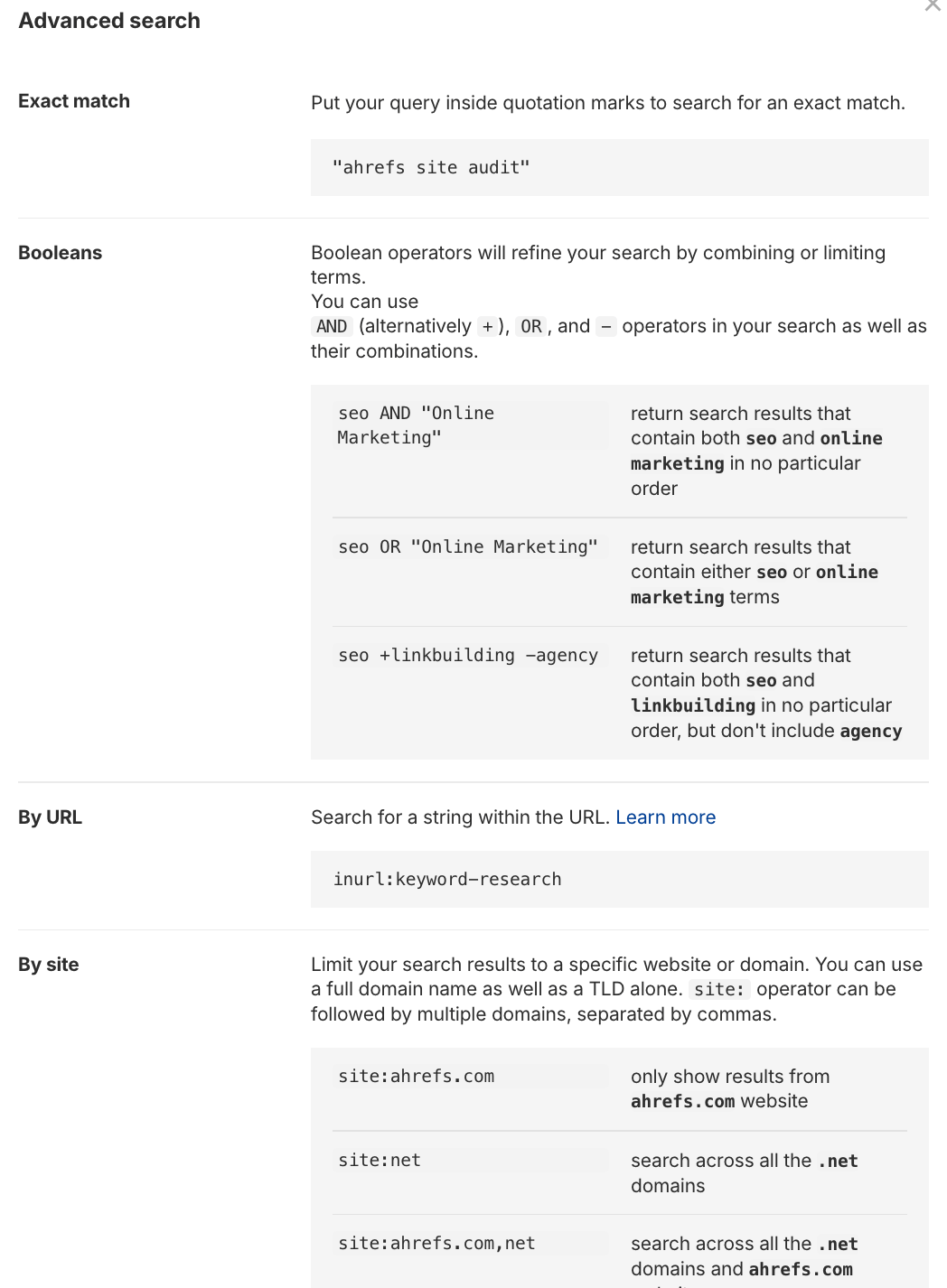 Ahrefs による高度な検索演算子の一覧。