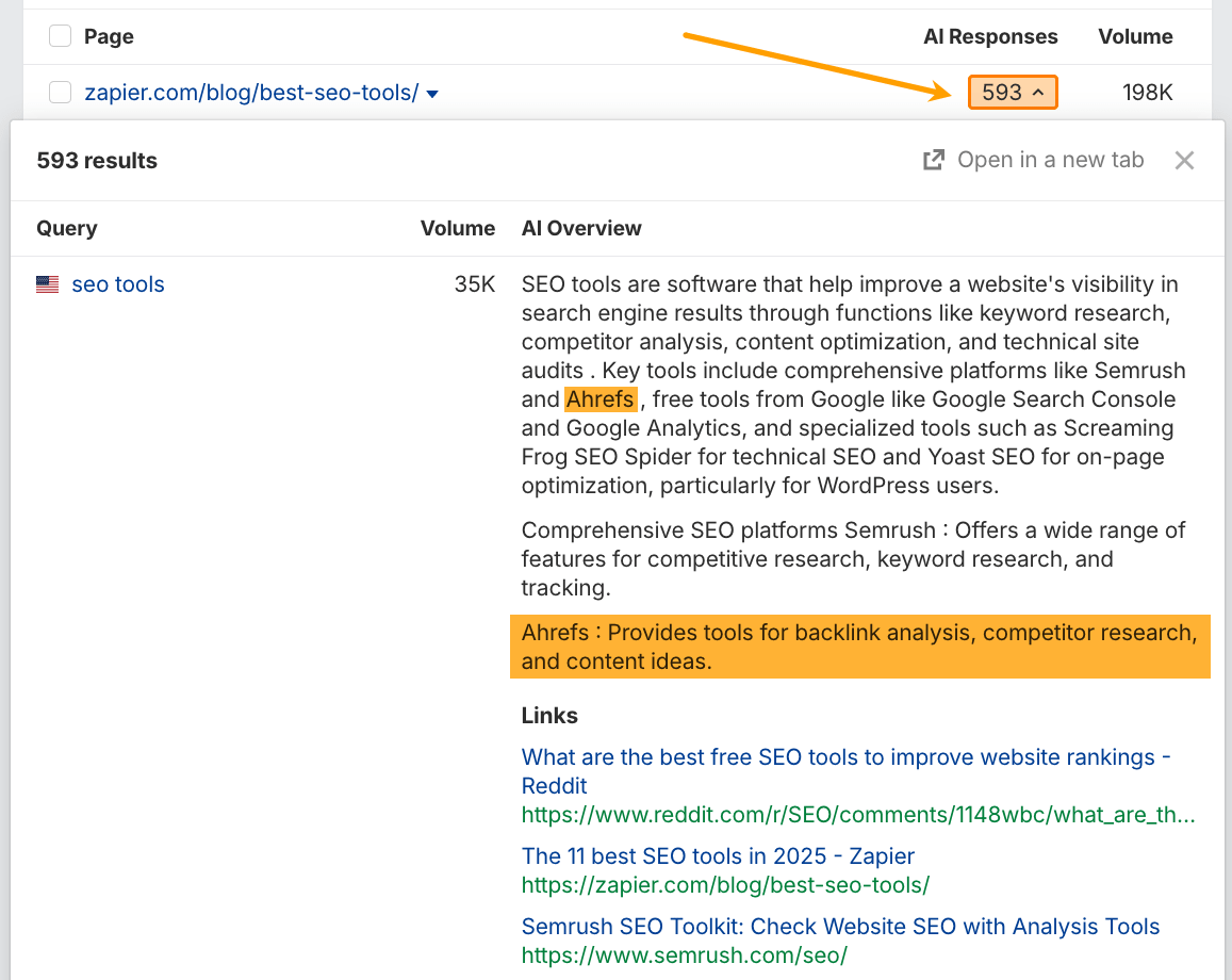Ahrefs ブランドレーダーで AI 検索応答を分析している画面。
