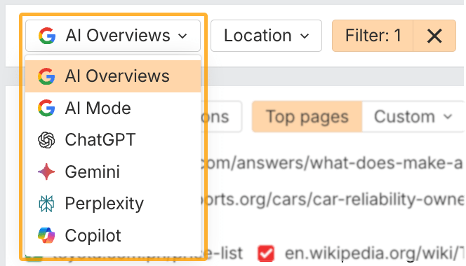 Ahrefs ブランドレーダーで AI の応答を表示するプラットフォーム（Google、ChatGPT など）を選択する画面。