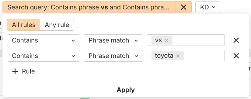 Ahrefs ブランドレーダーで「vs」と「Toyota」を含むクエリを対象に設定したフィルター組み合わせの画面。