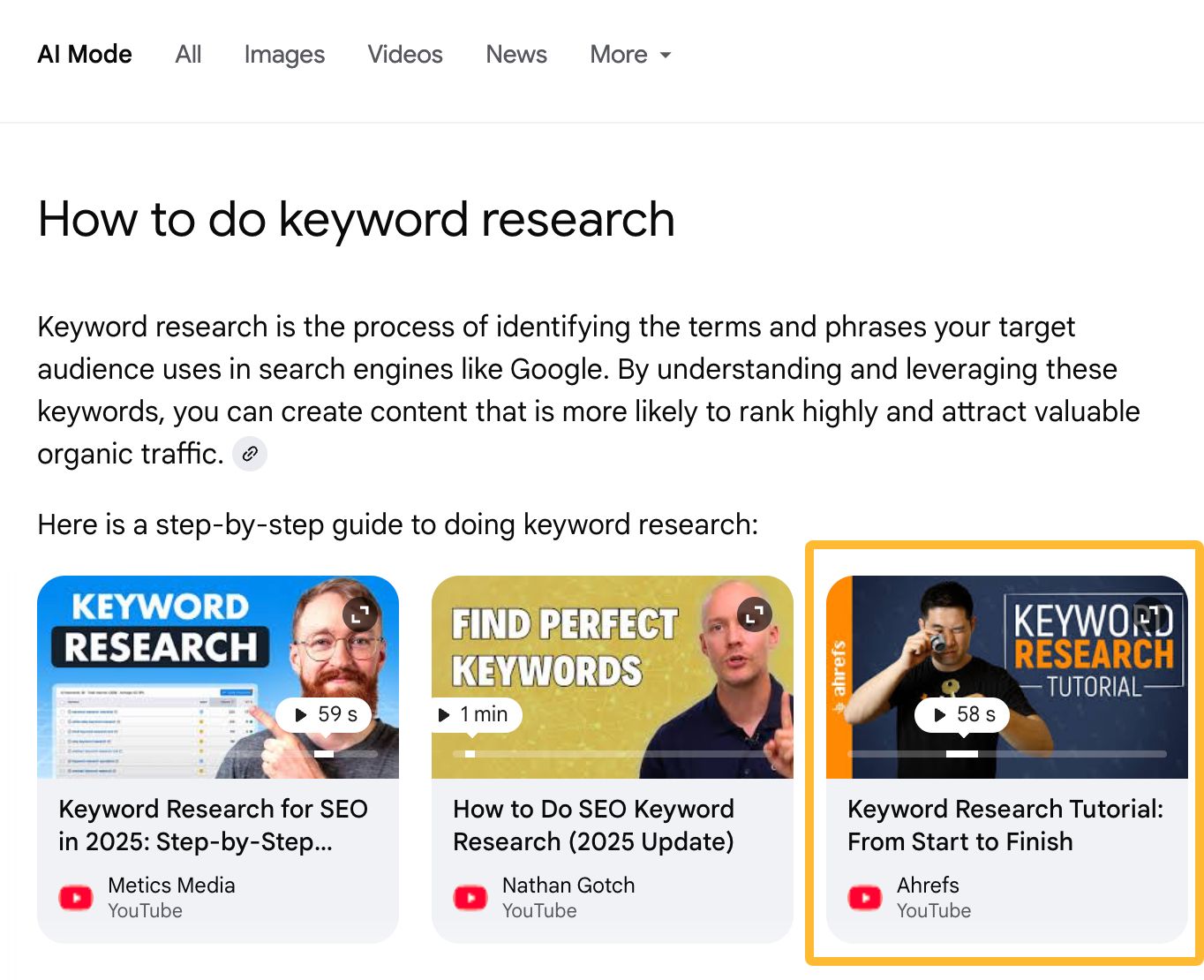 Ahrefs の YouTube 動画が AI モードで引用されている例