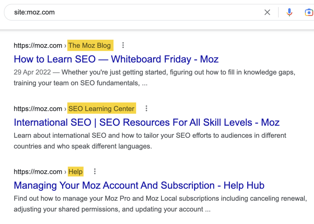 関連するWebサイトにブログ、ヘルプ セクション、SEO ラーニング センターに多くのコンテンツが公開されていることがわかる例