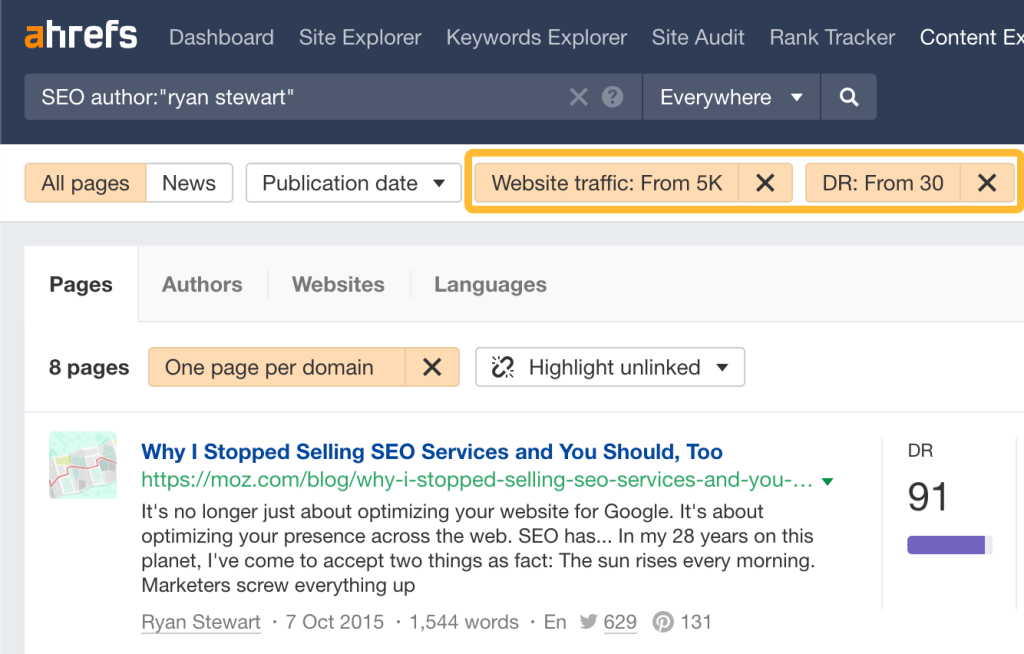 ドメイン評価 (DR) が30超え、Web サイトのトラフィックが月あたり少なくとも 5,000 と推定される Web サイトからの投稿をフィルタリングしている画面