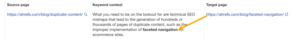 Ahrefs のサイト監査にある『内部リンク機会』レポートで、関連キーワードに基づいた内部リンクの提案を表示している画面