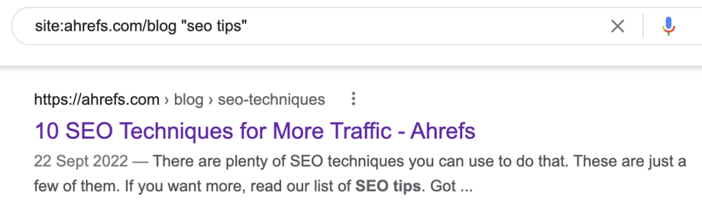 Google検索演算子「site:ahrefs.com "SEOのヒント"」を使って自サイト内の言及を検索した例
