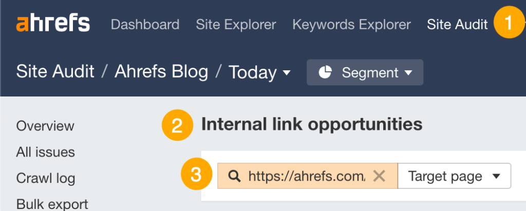 Ahrefs ウェブマスター ツールのサイト監査の内部リンク機会ツールの画面