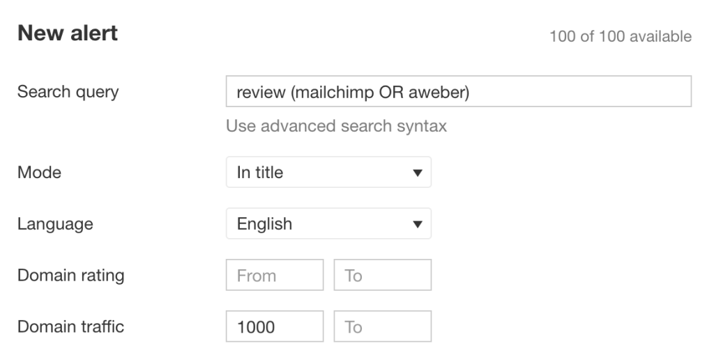 Ahrefs Alertsで新しい「Mentions」アラートを設定する画面
