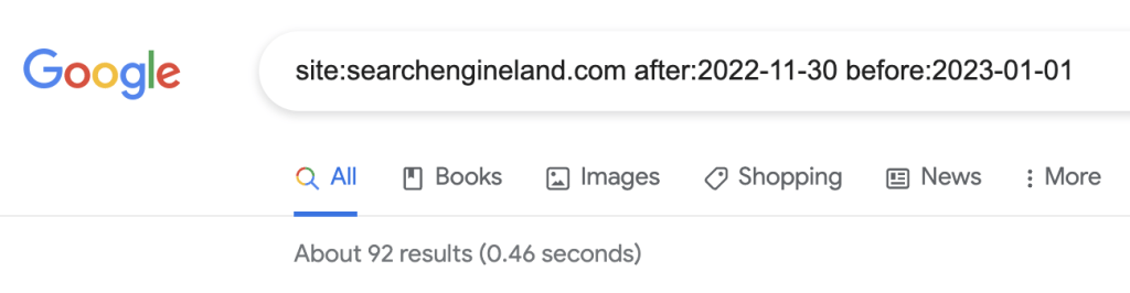 site:演算子とbefore:and/またはafter:演算子を組み合わせて、2022 年 12 月に公開された競合他社が公開したコンテンツの量を調べる画面