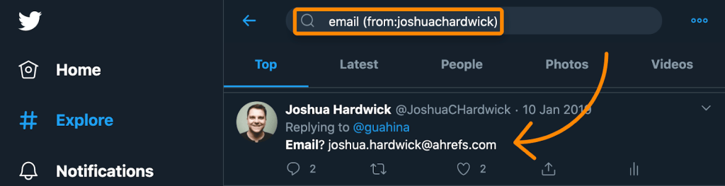 メールアドレスを見つけるための X （旧Twitter）詳細検索画面の例