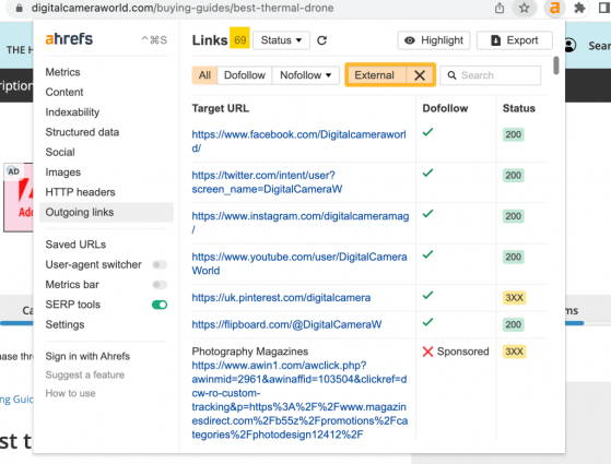 AhrefsのSEOツールバーで外部発信リンクの数を確認する画面