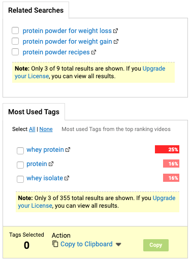 TubeBuddy の関連 YouTube キーワード候補と上位動画のタグ一覧