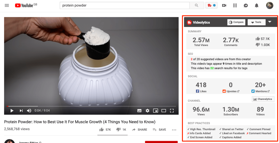 TubeBuddy「Videolytics」オーバーレイ — 動画の YouTube SEO 統計