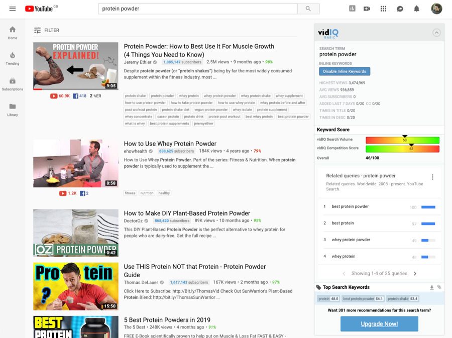 vidIQ の YouTube SEO データ — 検索ボリューム・競合スコア表示