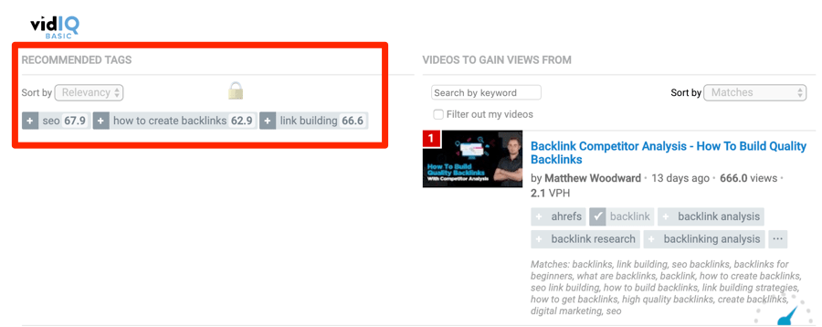 vidIQ でビデオをアップロードするときにタグを提案する画面