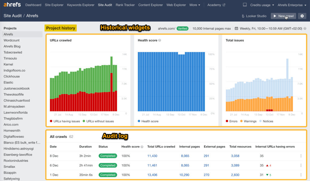 Site Audit のプロジェクト履歴ページ画面