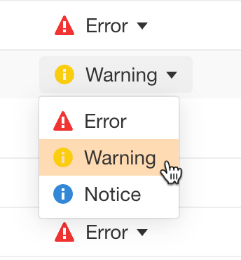 問題の重要度を変更するときのドロップダウン