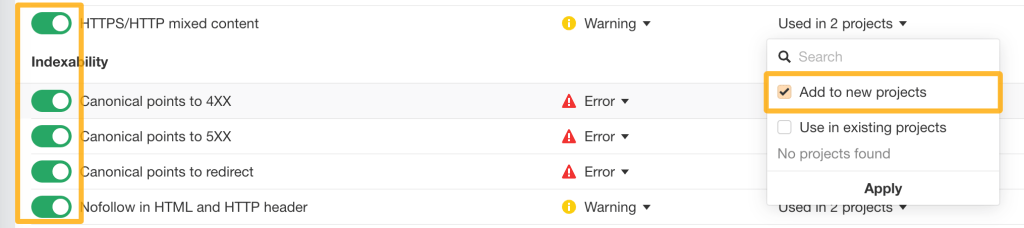 問題のオンとオフの切り替え、将来の新しいプロジェクトに問題を追加する画面