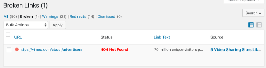 Broken link checkerの画面
