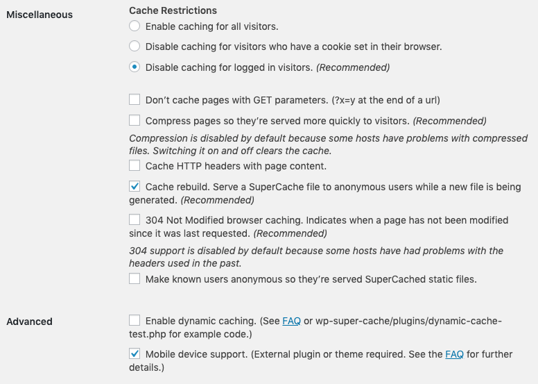 WP Super Cacheの高度な設定画面