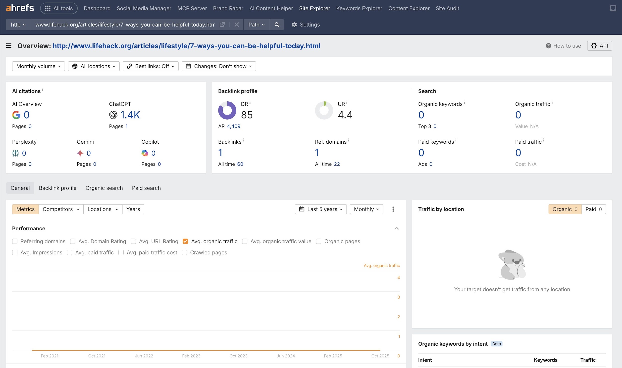 Lifehack の記事の ChatGPT 引用数と検索トラフィックやキーワードがゼロの Ahrefs のサイトエクスプローラーのスクリーンショット