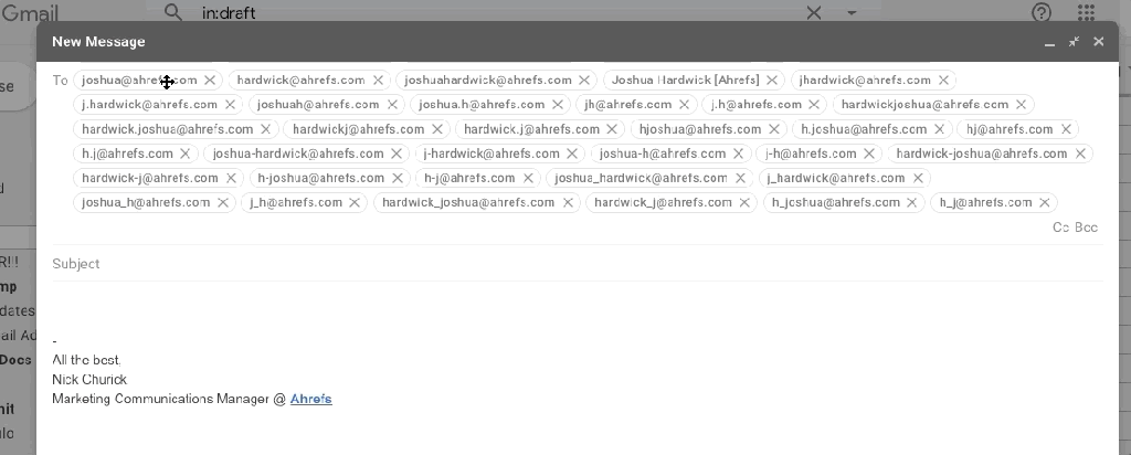 GmailでメールアドレスにGoogleプロフィールが関連付けられているかを検証する様子