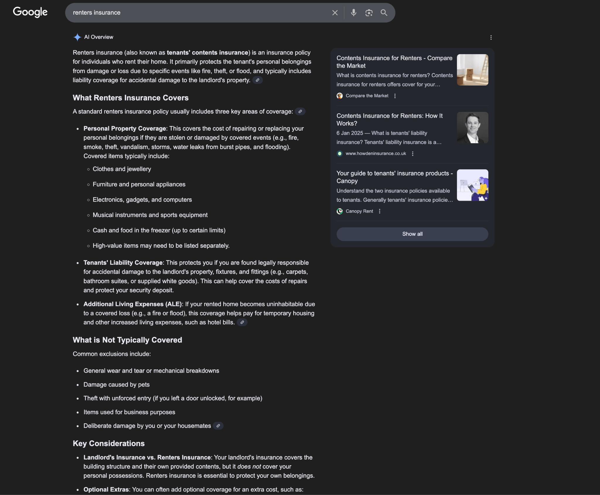 ダークモードで表示された「renters insurance（賃貸保険）」の Google AI Overview 。「Renters Insurance がカバーするもの」では、個人所有物補償、借家人賠償責任補償、追加生活費などの項目が箇条書きで示されており、さらに「一般的にカバーされないもの」のセクションも含まれている。