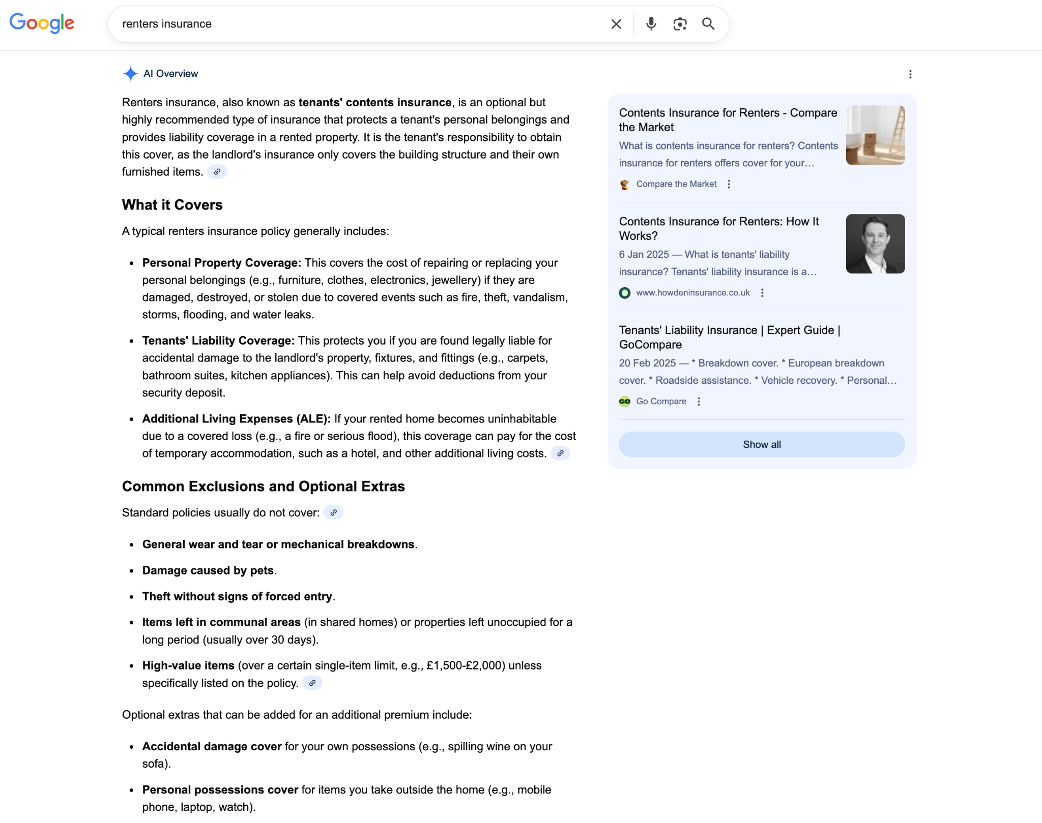「renters insurance」の Google 検索結果ページ。AI Overview が、個人所有物補償、借家人賠償責任補償、追加生活費といった補償内容の種類を詳しく説明し、さらに一般的な除外事項やオプション補償についても示している。