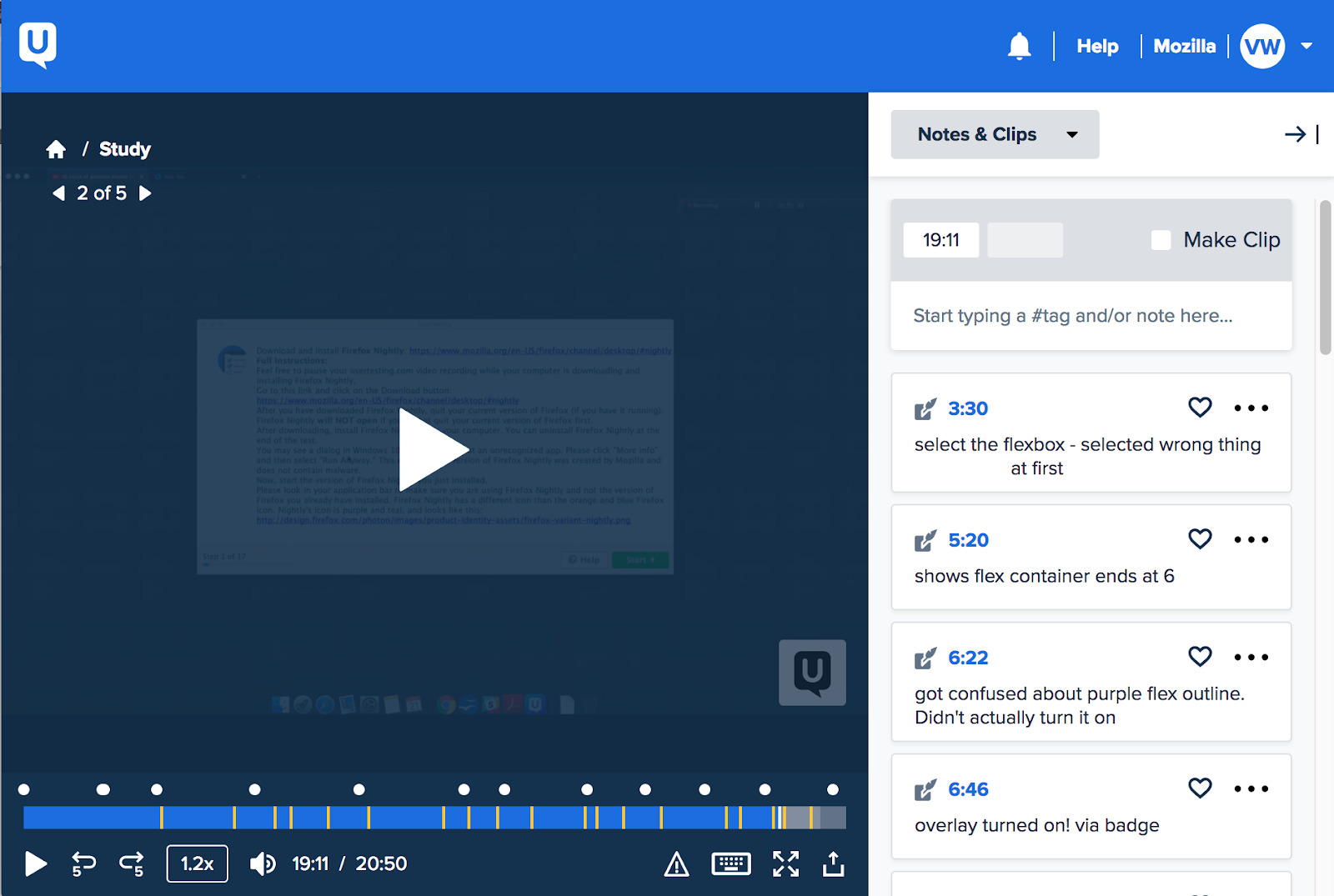 Mozilla のサイト改善テスト結果を示す画面で、複数バージョンの比較データが並ぶユーザーエクスペリエンス調査ツールの例示画像。