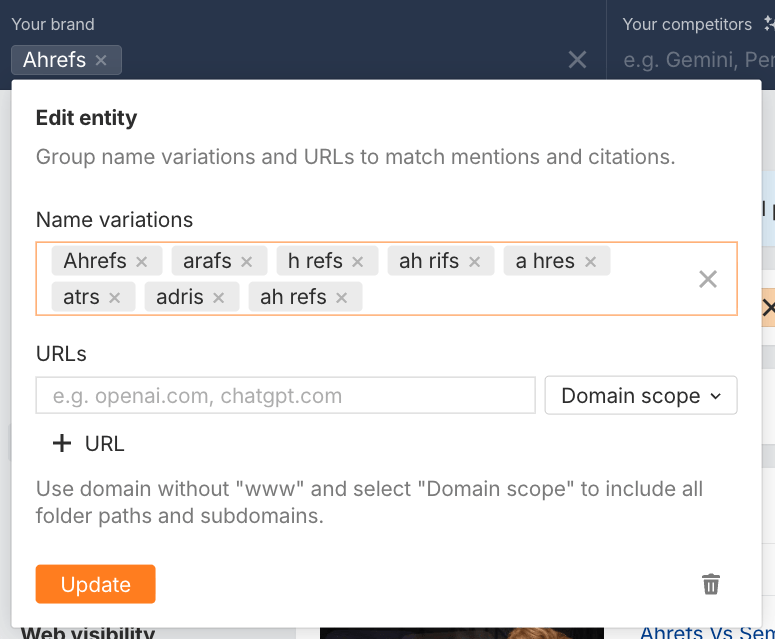 Ahrefs ブランドレーダーのエンティティエディター画面。Ahrefs の発音や表記のバリエーション（Ahrefs、arafs、h refs、ah rifs、a hres、atrs、adris、ah refs など）が一覧表示されている。