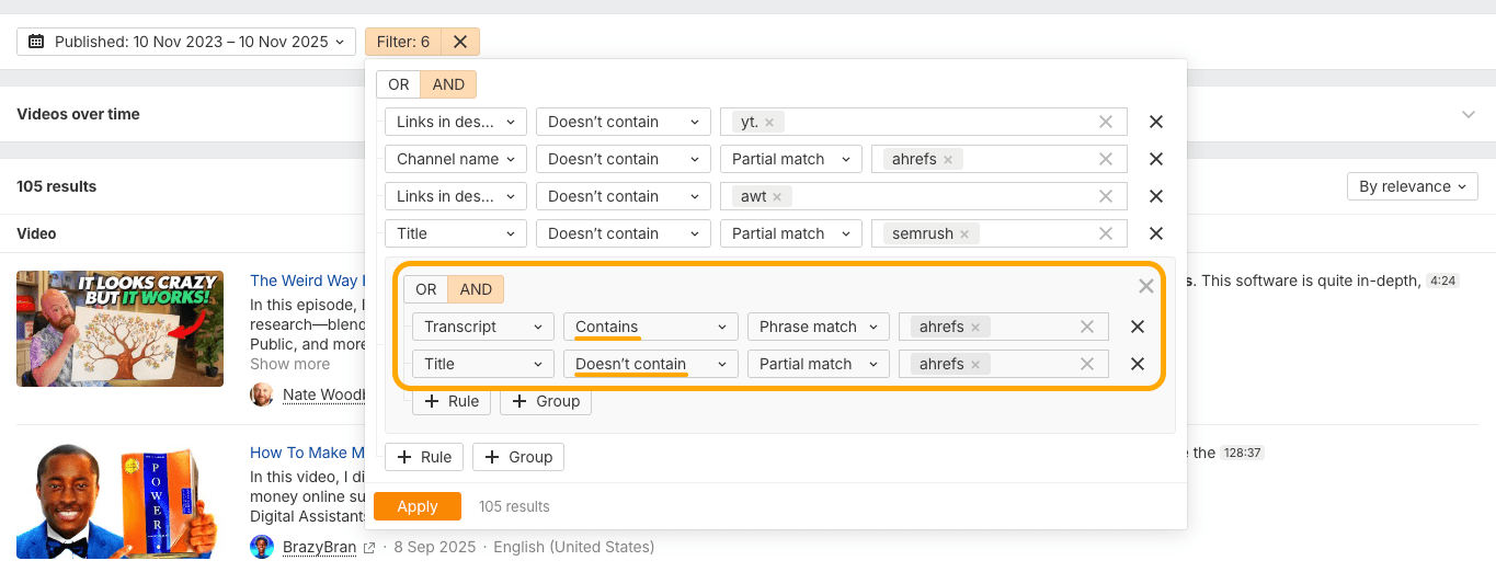 Ahrefs ブランドレーダーの YouTube フィルター画面。タイトルには Ahrefs が含まれず、トランスクリプト内で Ahrefs が言及される動画を抽出する条件が設定され、105 件の、文中でさりげなく触れられているメンションが表示されている。