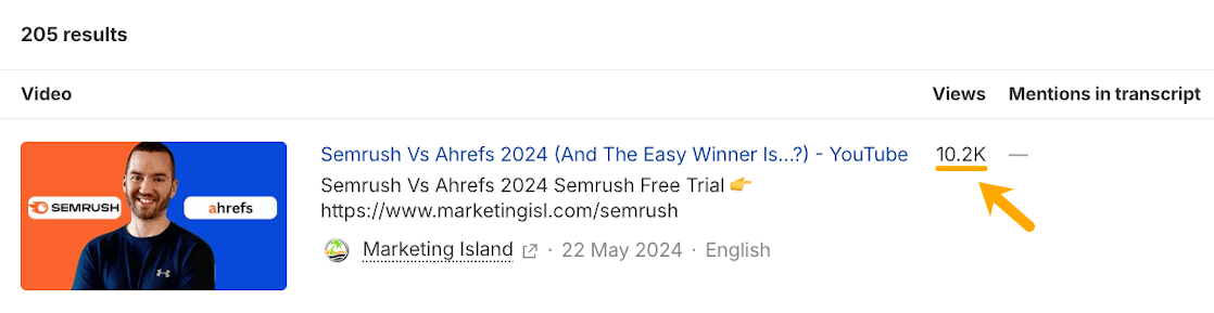 Ahrefs ブランドレーダーの YouTube レポート画面。Marketing Island による動画「Semrush Vs Ahrefs 2024」が表示され、10,200 回再生を記録している。