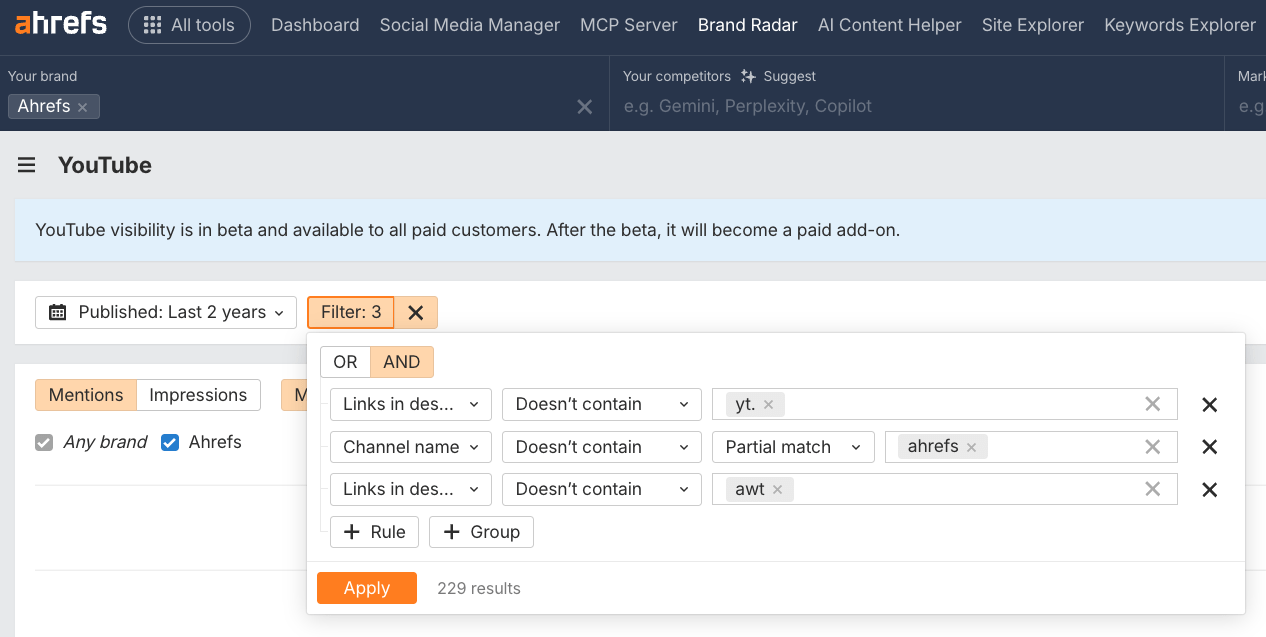 Ahrefs ブランドレーダーのフィルター設定画面。パートナーリンクを除外するための「含まない」条件が設定され、yt.、Ahrefs チャンネル、awt が除外条件として指定されている。