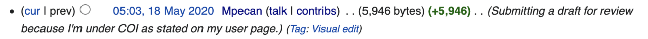 Wikipedia の下書き提出画面のスクリーンショットで、公開前にコメント欄を用いて利益相反を明示しつつ下書きを提出する様子が示されている画面。
