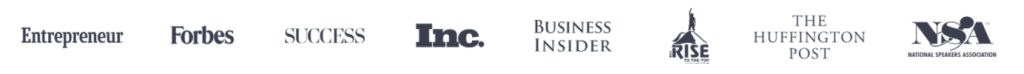 複数の有名メディア（Forbes、Entrepreneur など）のロゴが横並びで表示されたブランドサイトの「掲載メディア紹介」セクションの例を示す画像。